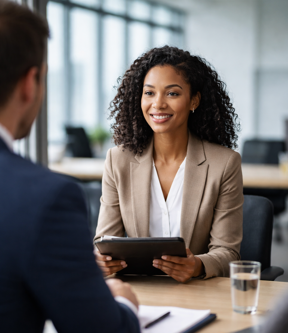 Candidate demonstrating interview skills while speaking with hiring manager in a job interview
